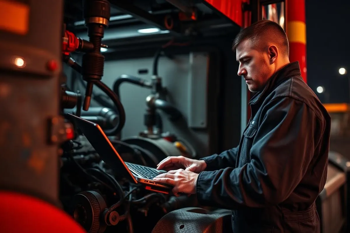 Diesel technician running laptop diagnostics on a heavy-duty truck engine