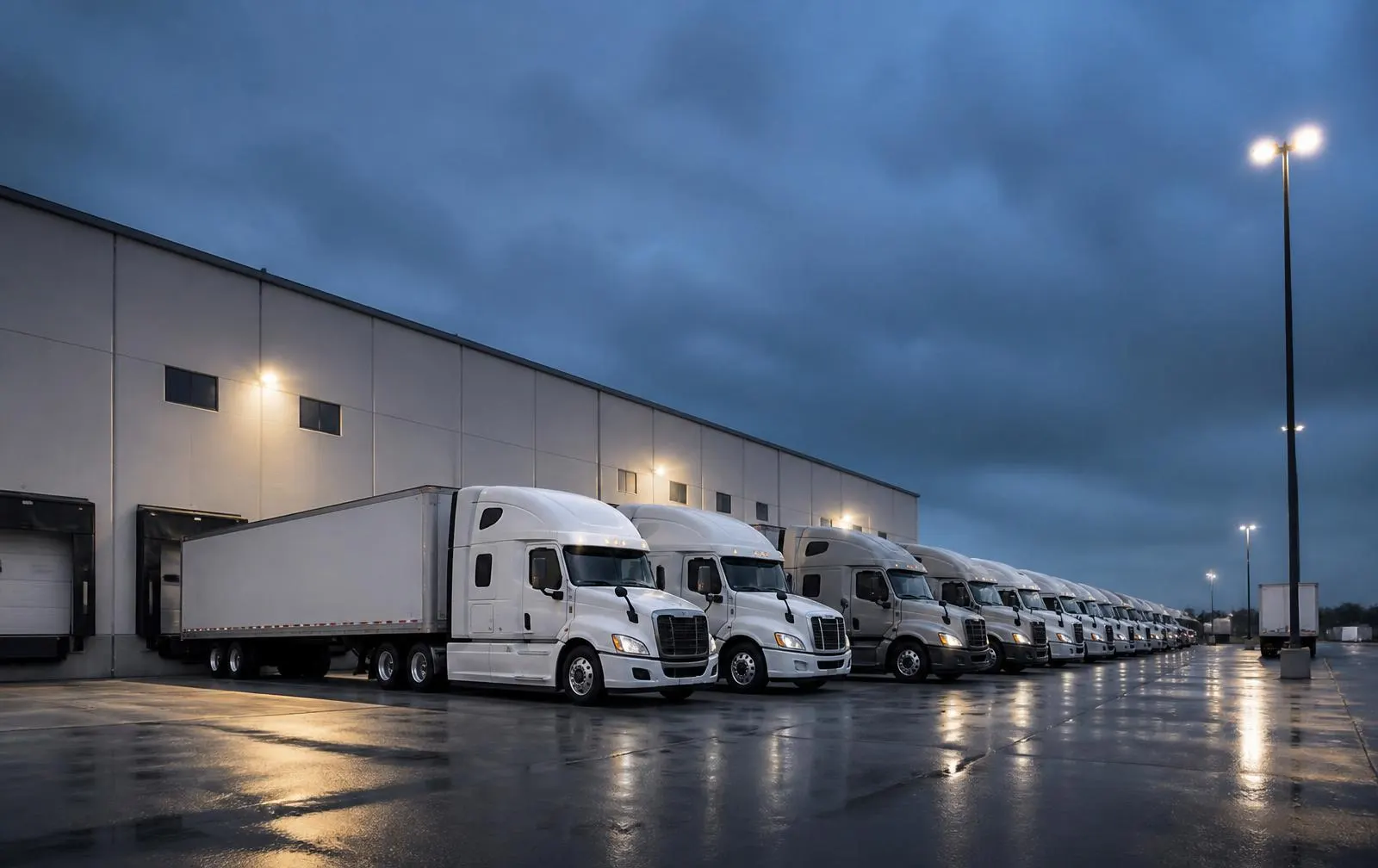 Commercial semi trucks parked at a distribution warehouse loading dock in metro Atlanta
