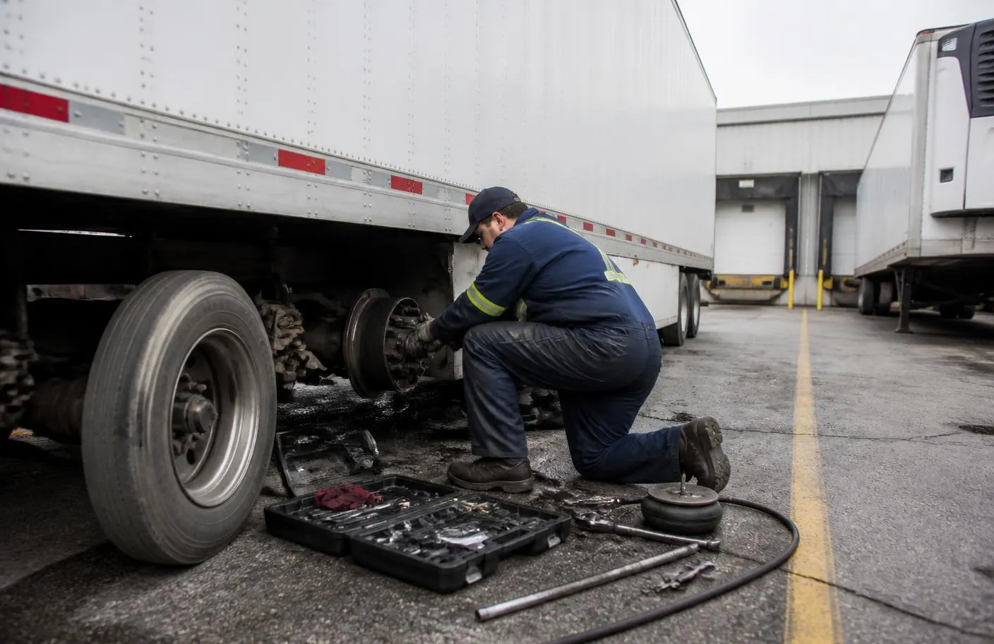 Mobile technician servicing trailer brakes and wheel end at a warehouse loading dock