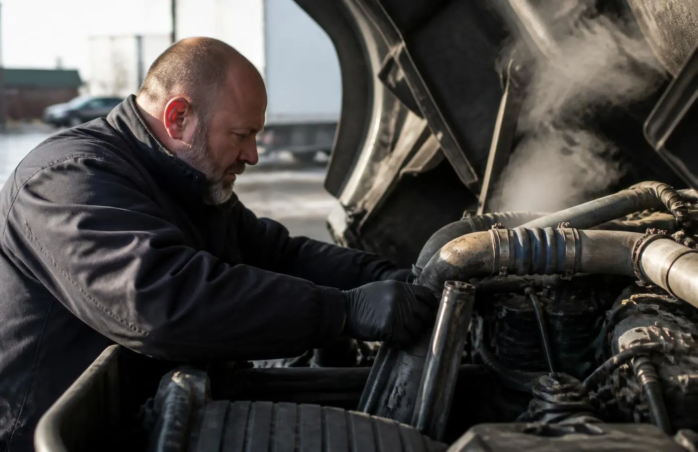 Diesel technician inspecting radiator hoses and cooling system on an overheating truck engine